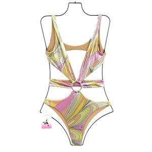 Oceanus Celia Cut Out One Piece Swimsuit Digital Print Size Small New